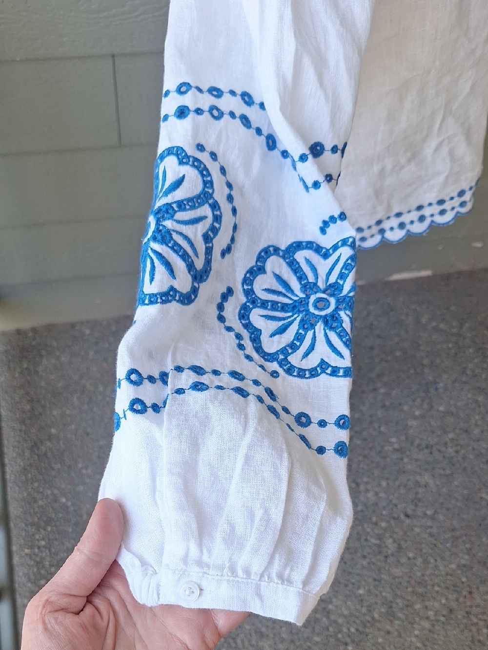 J. Crew Bungalow Embroidered Tunic Top Linen White & Blue Size L - Picture 6 of 12